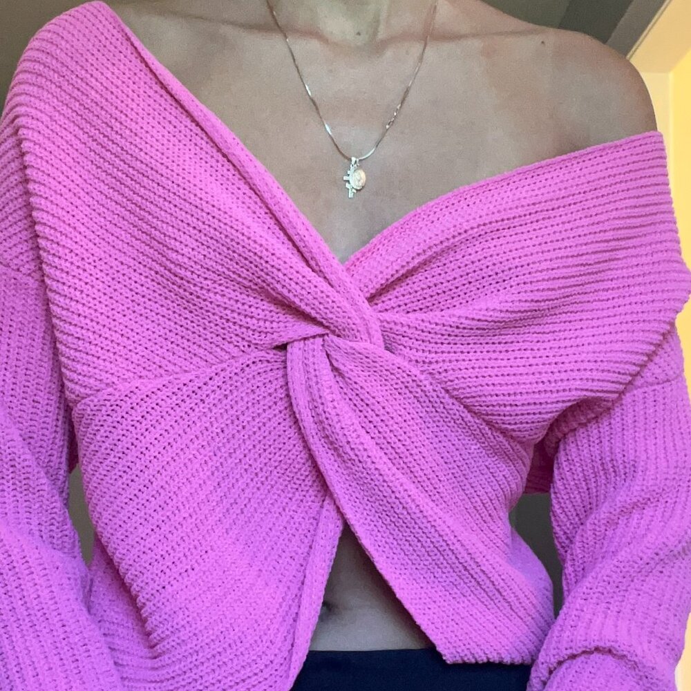 Pink Off the Shoulder Tie Sweater